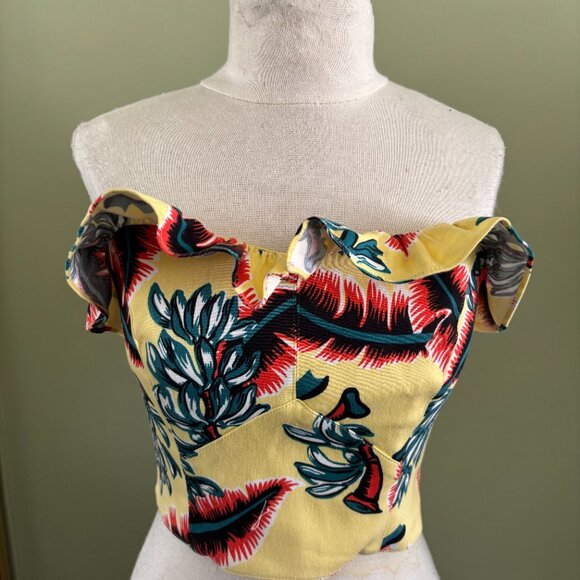 Dixiefied by Pinup Girl Couture Tiki Print Vintage Bustier Ruffle Top Size SMALL - Picture 3 of 11